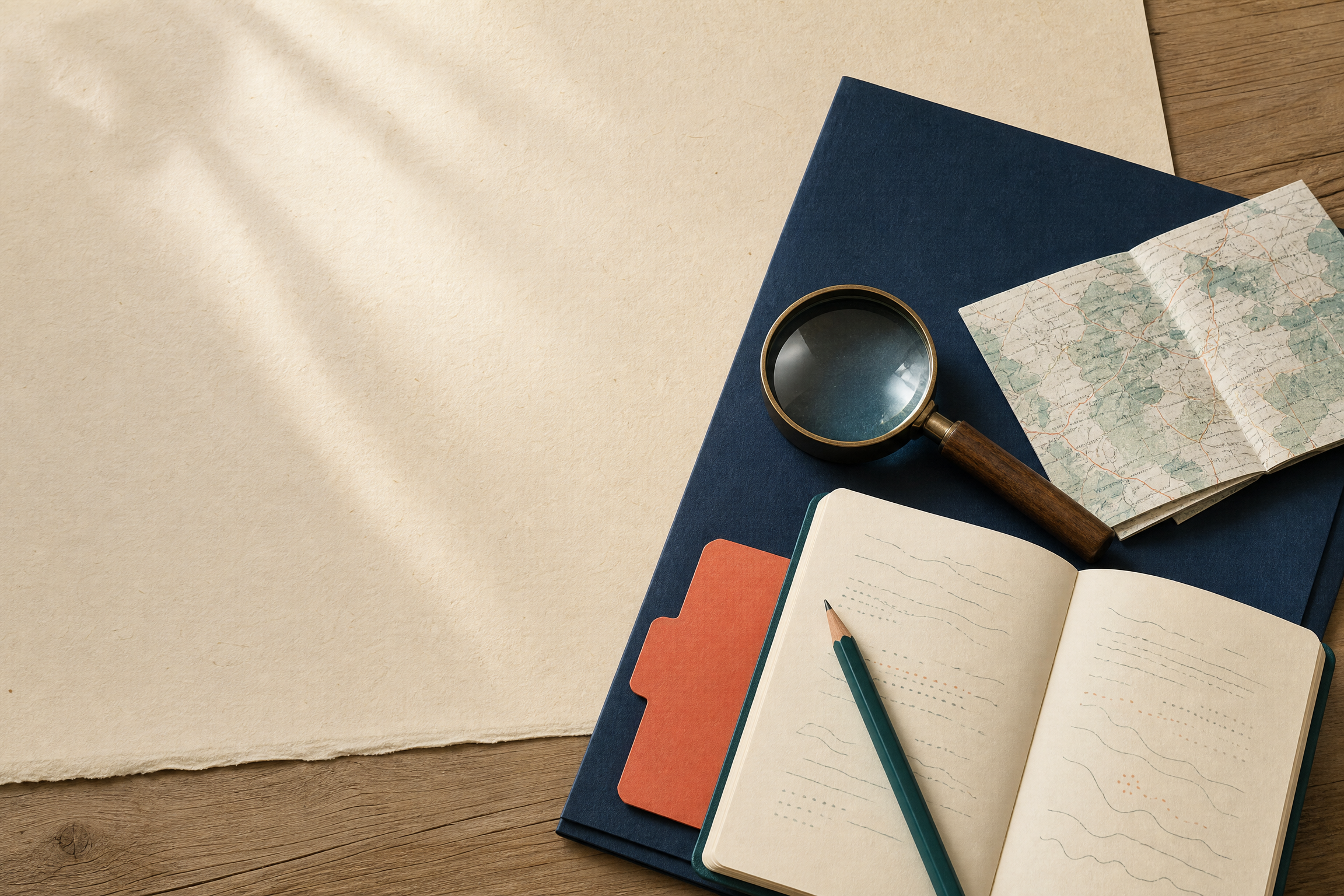 Notebook, map, folder, and magnifying glass on a desk